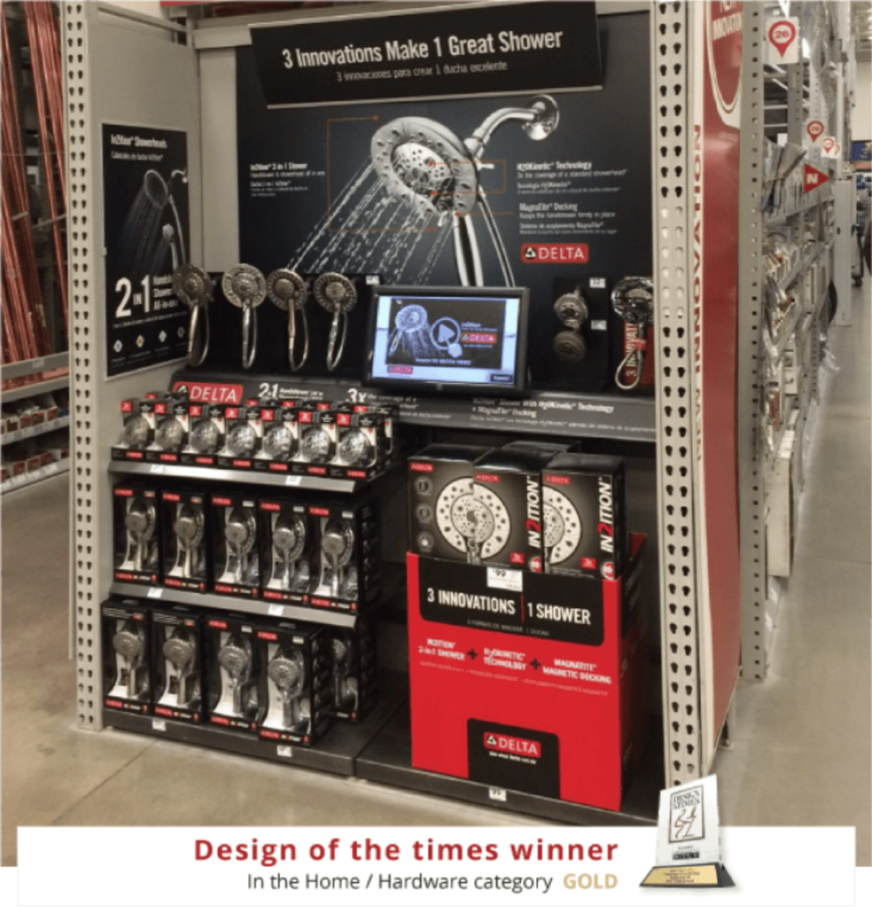 delta faucet shower head endcap display in lowes hardware store design of the times gold winner