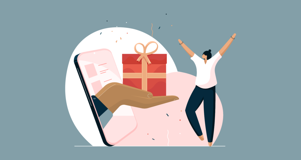 customer loyalty illustration of happy woman raising arms looking at mobile gift box