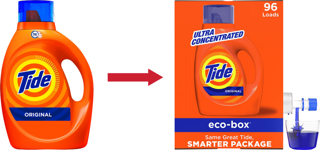 rethink physical packaging of a detergent plastic jug to cardboard box dispensor