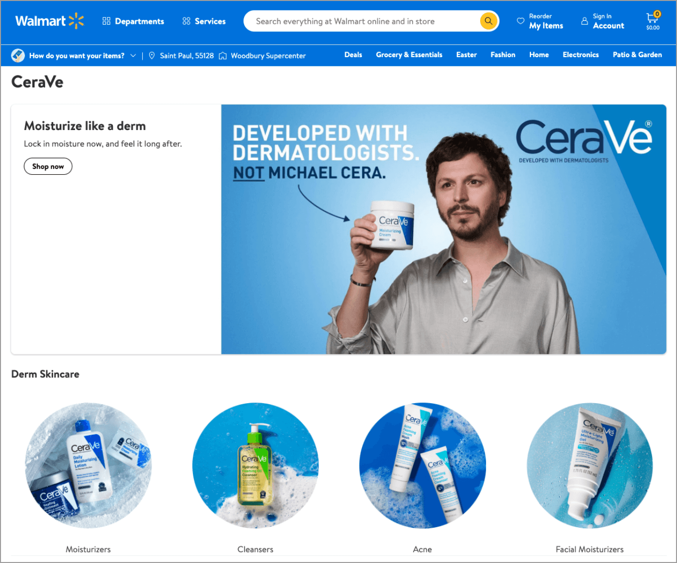 CeraVe ad on Walmart.com featuring Michael Cera on CeraVe brand page to sell products
